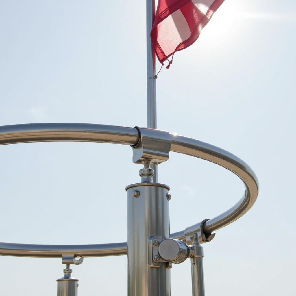 Adjustable flag pole holder attached to a round railing showcasing a flag.