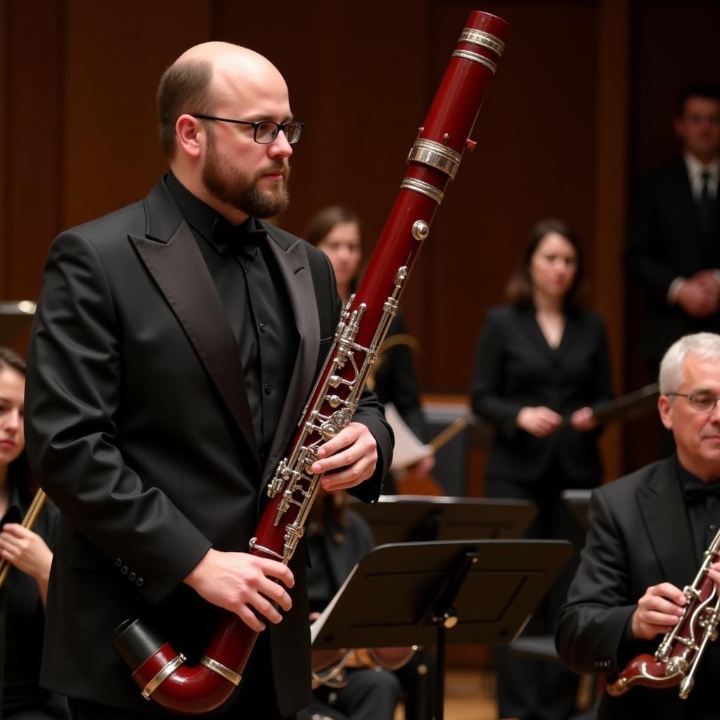 A professional bassoonist playing an Adrian Morejon bassoon.