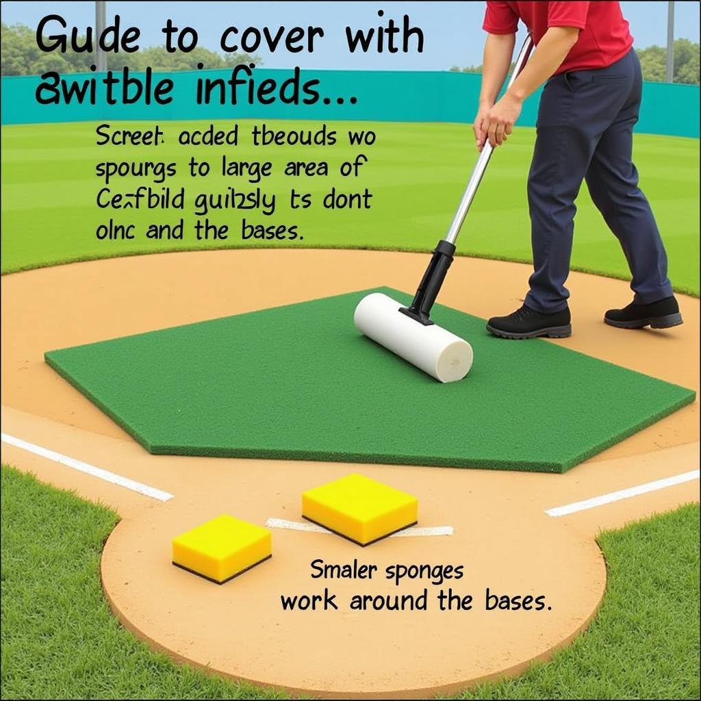 Groundskeeper using a roller sponge on a baseball field