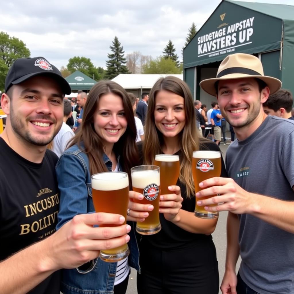 Friends enjoying the Albuquerque Beer Festival together, raising their glasses in a cheers