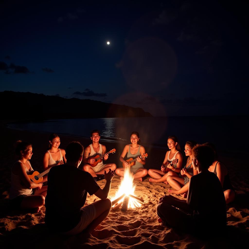 People gathered around a bonfire on a Hawaiian beach during an aloha night