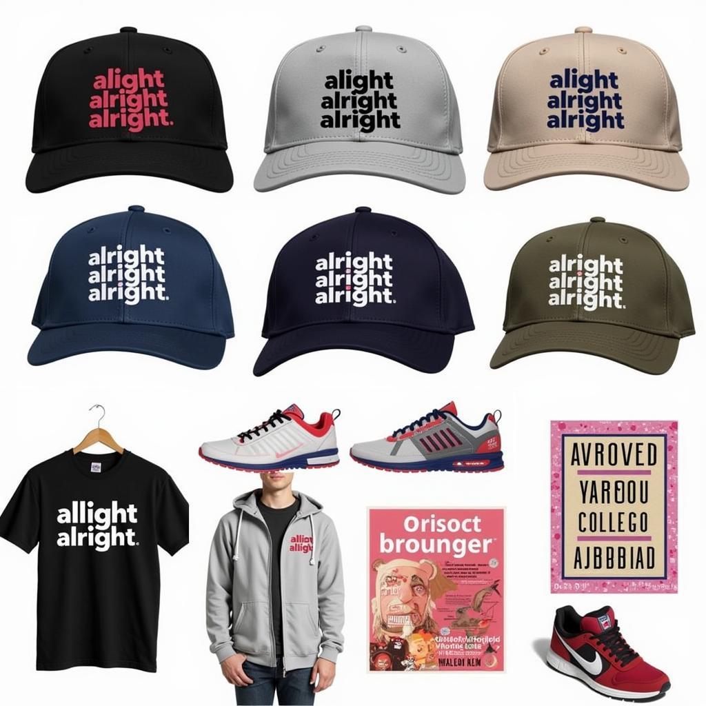 Various styles of alright alright alright hats and merchandise