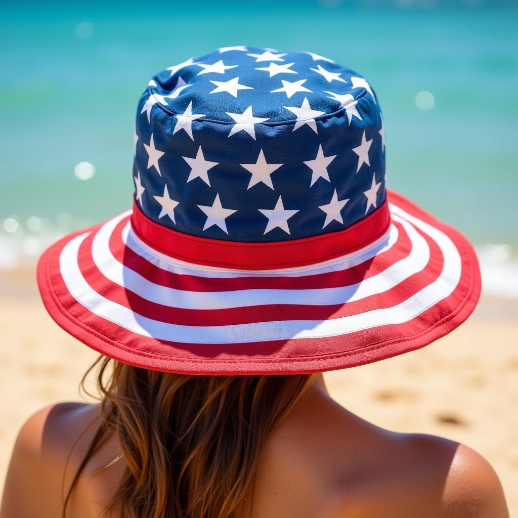 American flag bucket hat worn on the beach