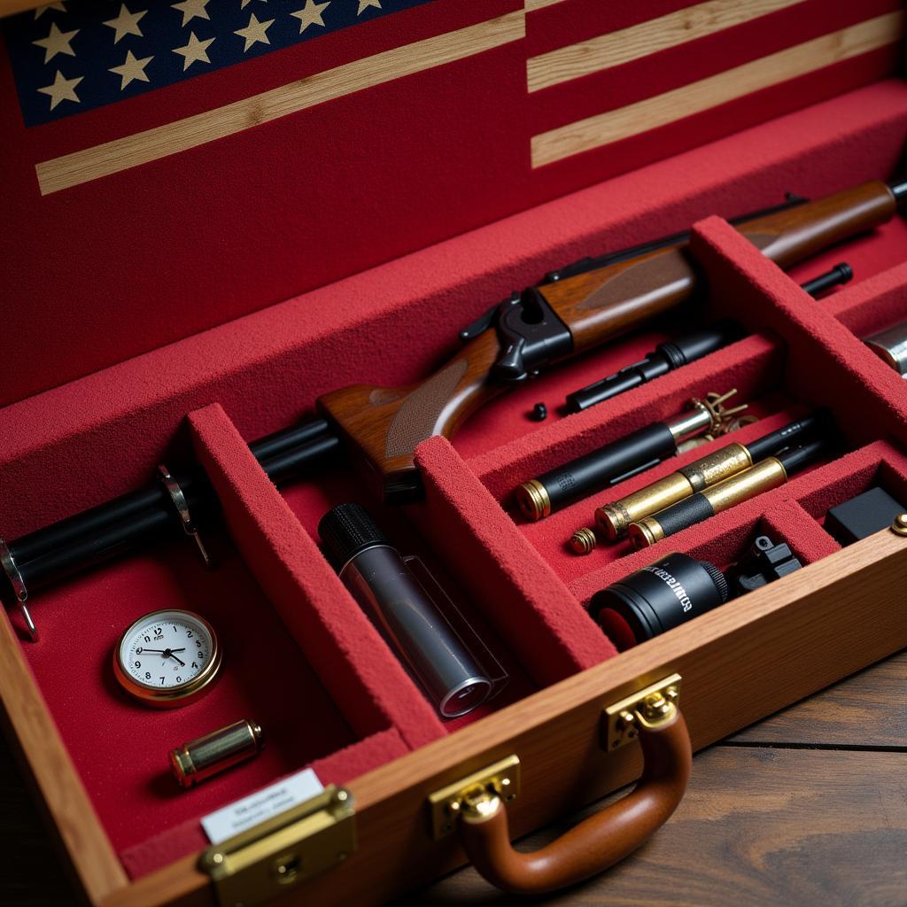 Interior view of an American flag gun case showing the felt lining and compartments for a rifle and accessories.