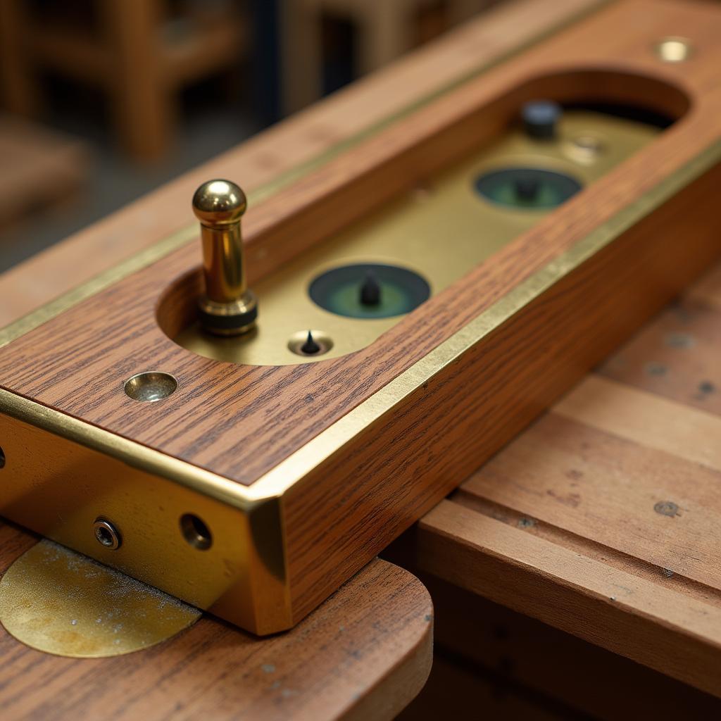 Close-up view of an American wood and brass level showing the wood grain and brass details