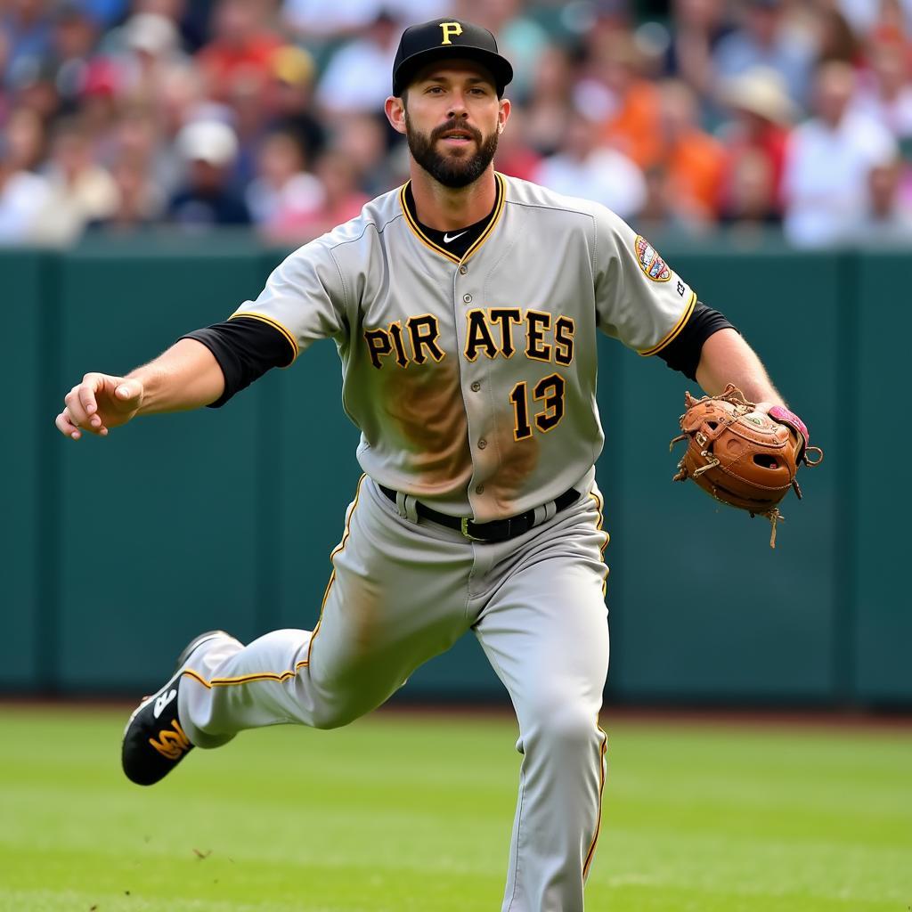 Andy Van Slyke in action wearing his Pittsburgh Pirates jersey, making a diving catch in center field.