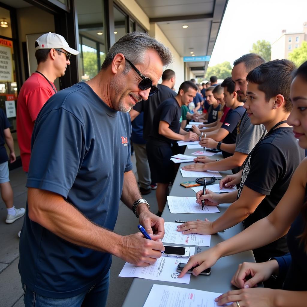 Andy Van Slyke signing autographs for fans, interacting warmly with the crowd.