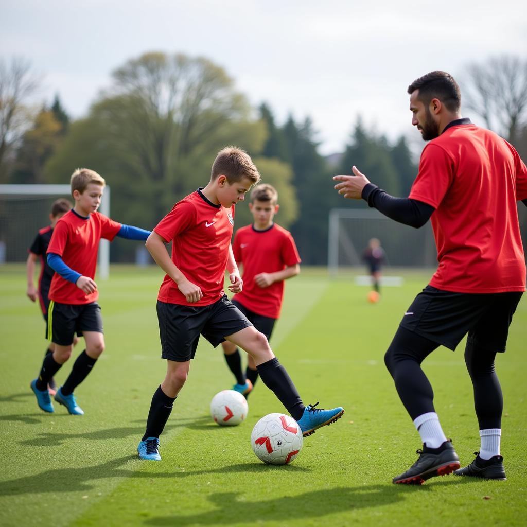 Young football players practicing drills