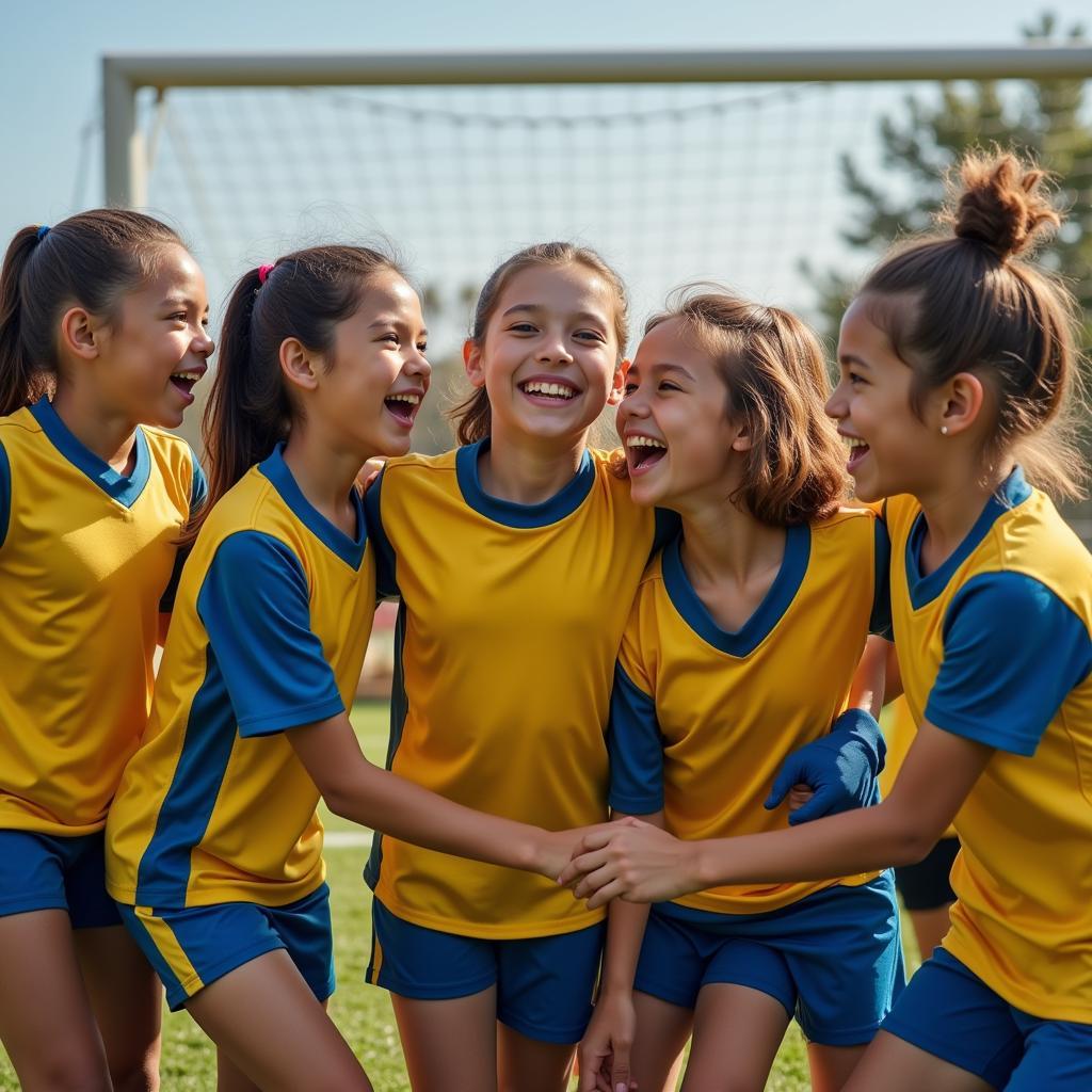 Young football players celebrating a goal