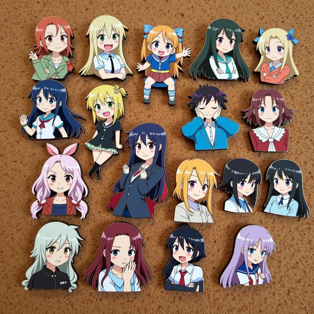 A collection of anime pins displayed on a corkboard.