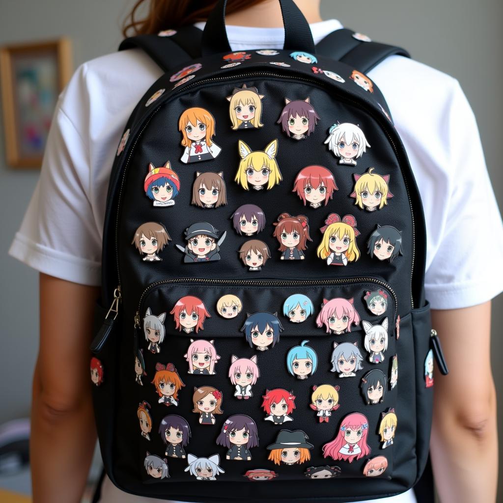 Anime pins displayed on a backpack.