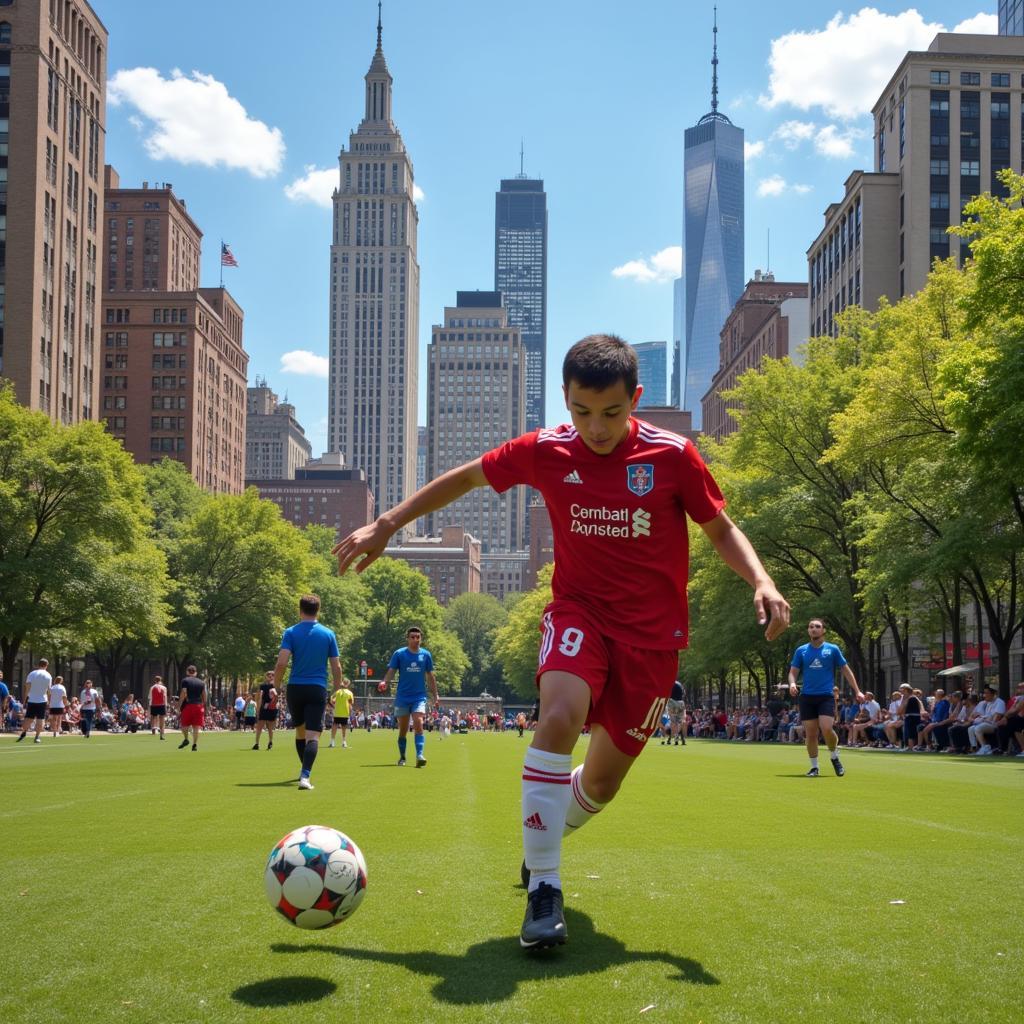 Anthony Santiago playing street football in a New York park