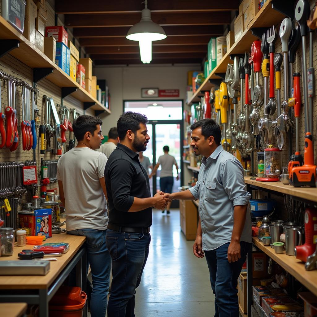 Inside an Antigua hardware store, tools and supplies are neatly organized.