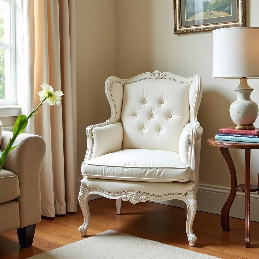 Antique white painted pressed back accent chair in a cozy living room corner