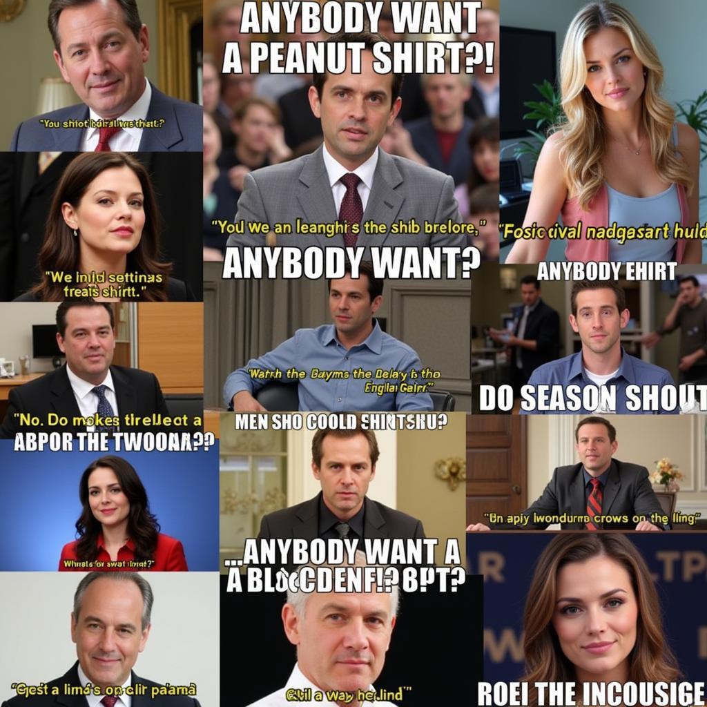 Various online memes featuring the phrase "anybody want a peanut shirt?"