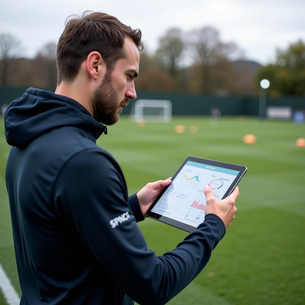 Applying Spinco Stats in Football Coaching: A coach using a tablet to analyze spinco stats during a training session.