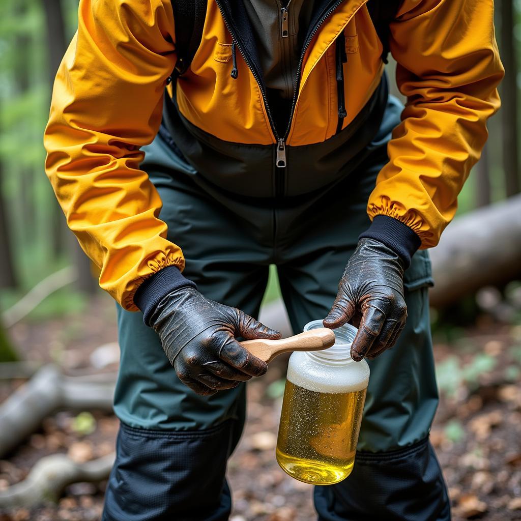 Arborist cleaning rain gear