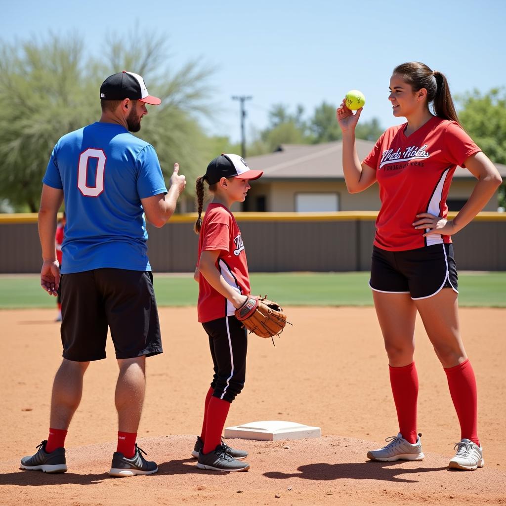 Arizona Softball Camp Coaching: Experienced coaches providing personalized instruction to young softball players at an Arizona softball camp.