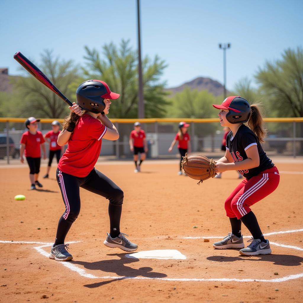 Arizona Softball Camp Drills: Players practicing batting and fielding drills at an Arizona softball camp.