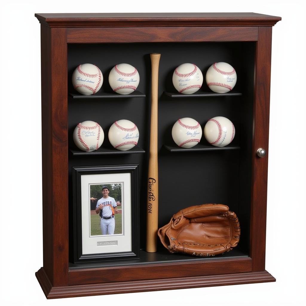 Arranging baseball memorabilia in a display case with a photo holder.