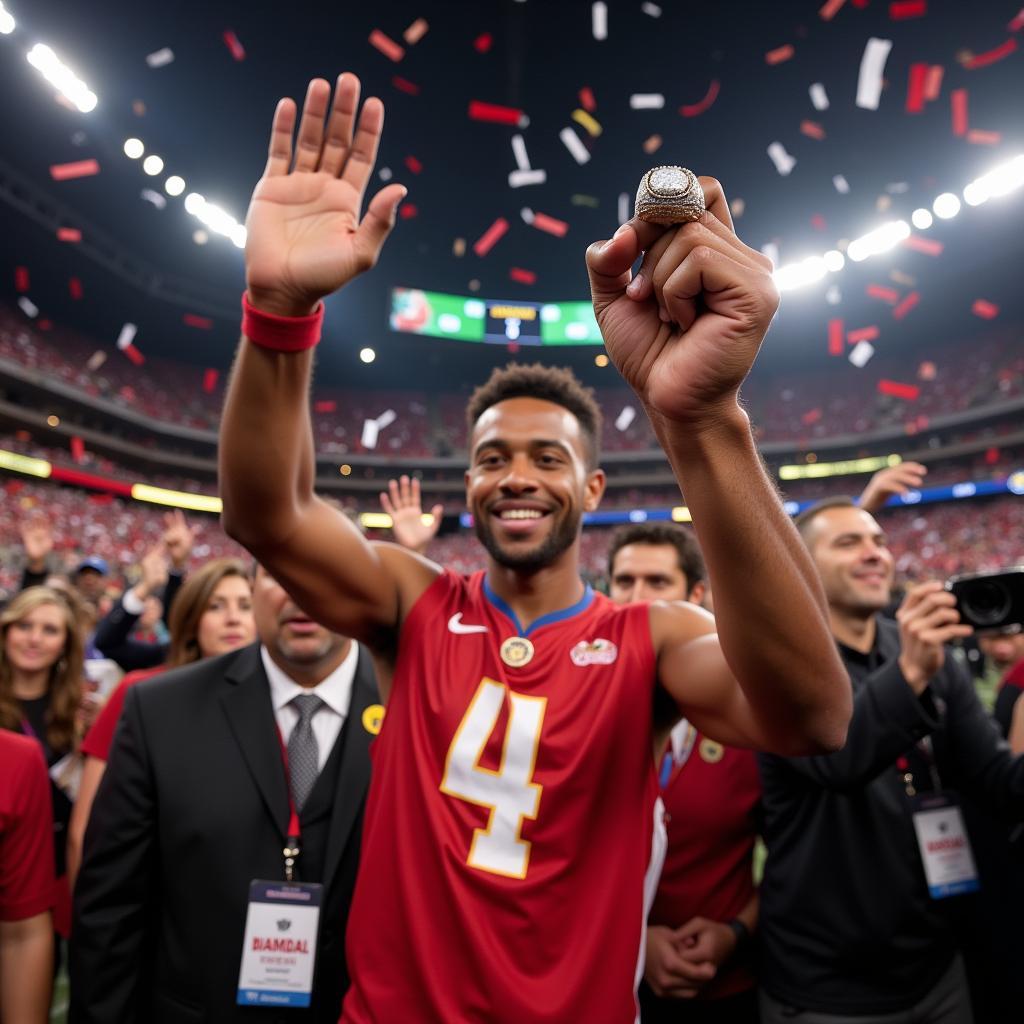 An athlete proudly displaying their diamond championship ring during a victory celebration