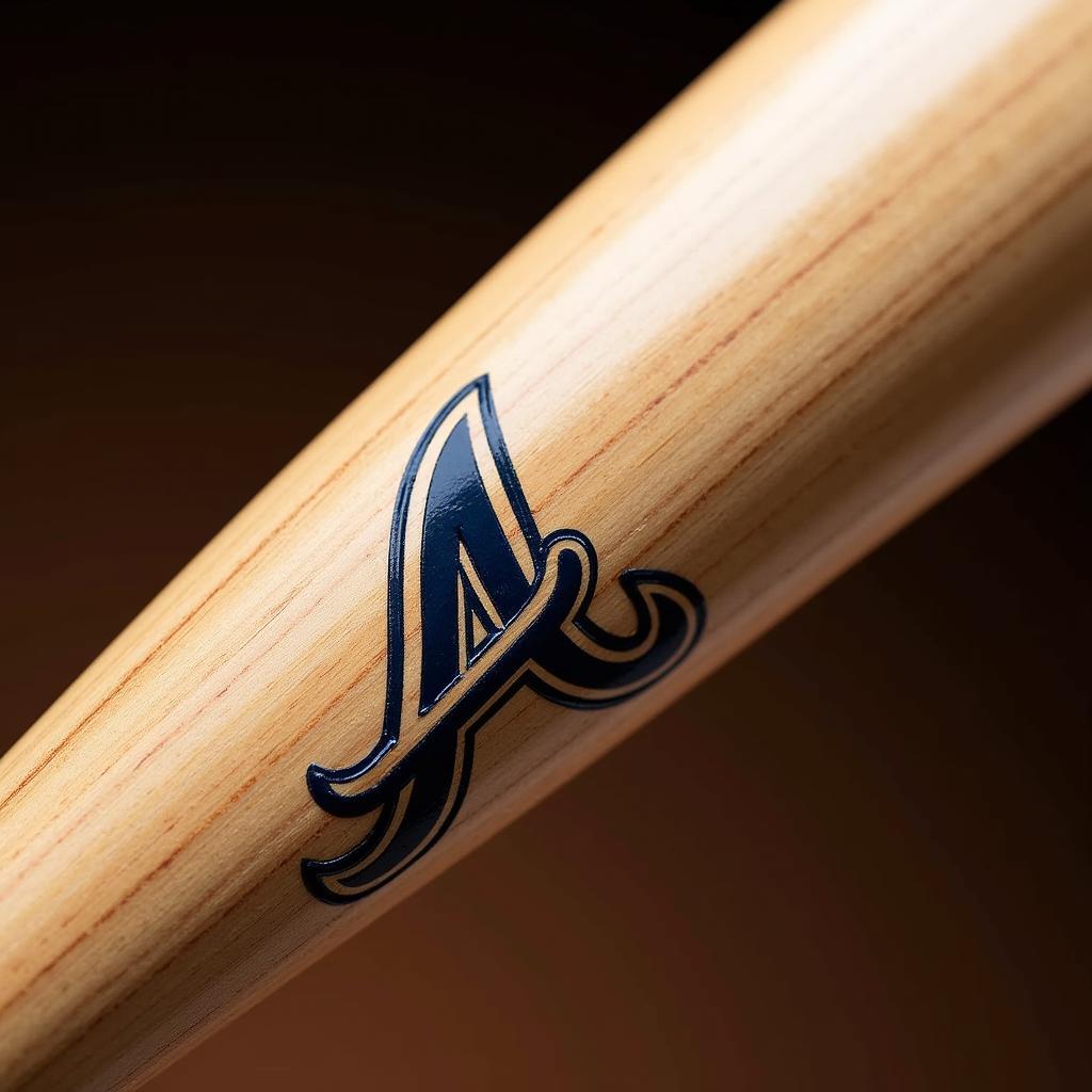 Close up of an Atlanta Braves baseball bat showing the grain and logo