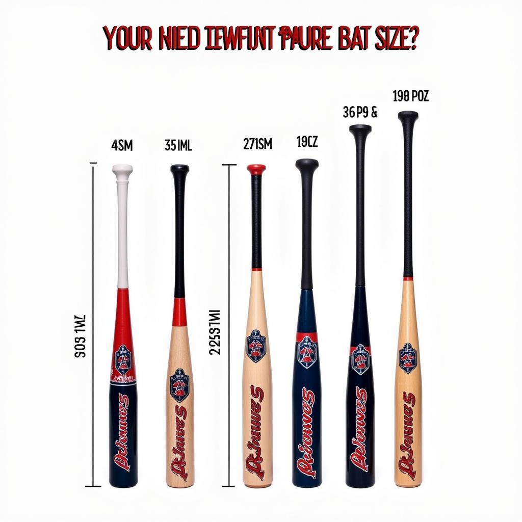 Different sizes of Atlanta Braves baseball bats lined up