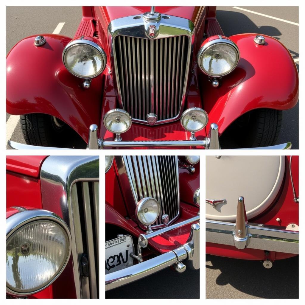 Authentic 1953 MG TD parts, including chrome trim, body panels, and interior upholstery.