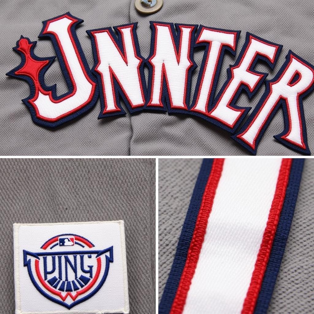 Close-up details of an authentic Torii Hunter Minnesota Twins jersey, highlighting the stitching, lettering, numbering, and official MLB holographic tag.