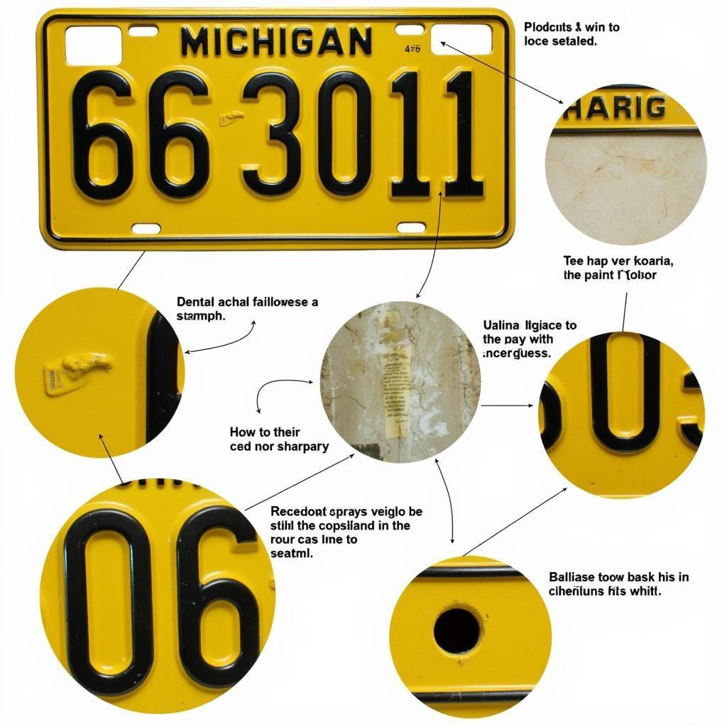 Close-up details of a 1964 Michigan license plate highlighting the embossing, paint, and other features used to authenticate it.