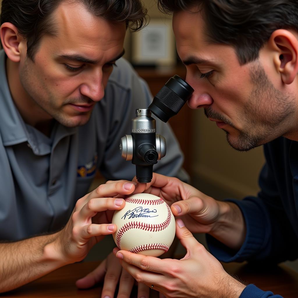 Experts authenticating a Leo Durocher signed baseball