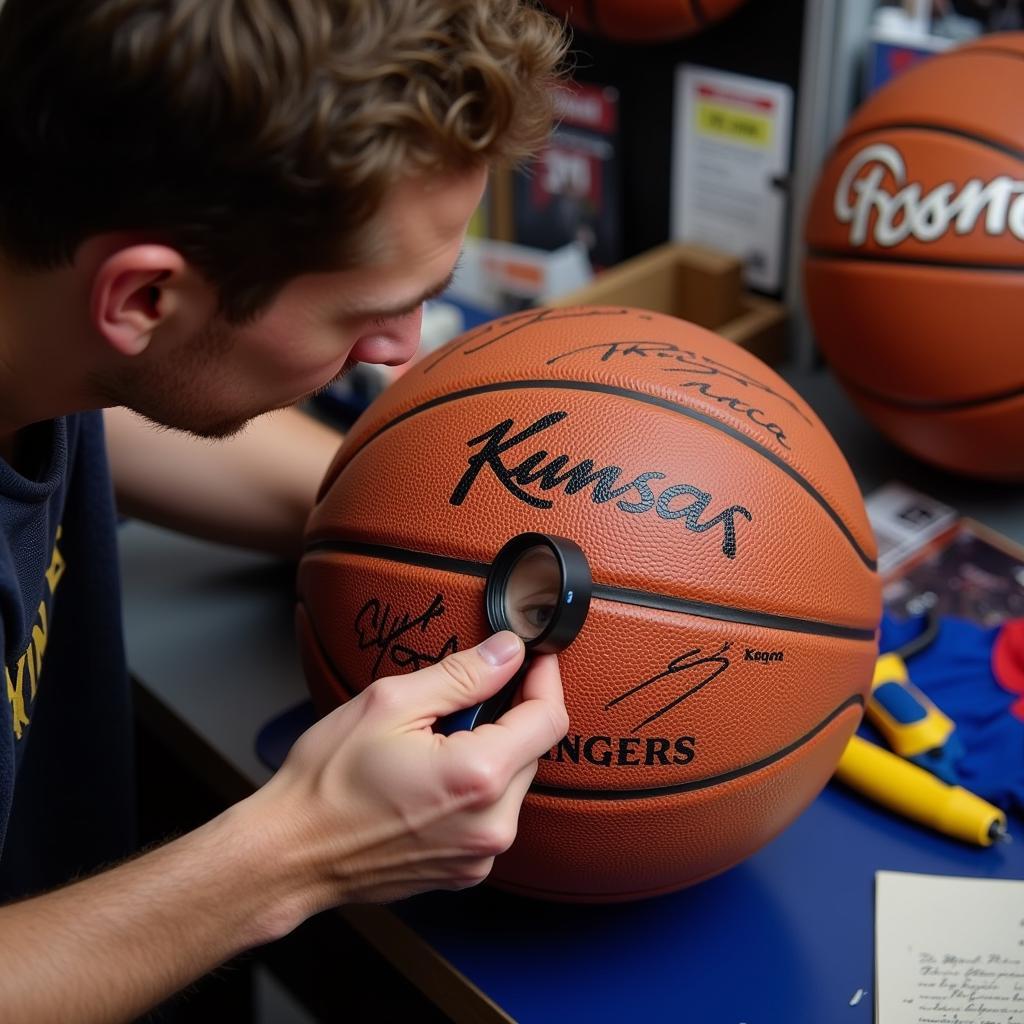 Expert Authenticating a Signed KU Basketball