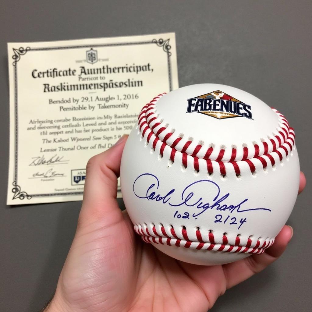 Authenticating a commemorative baseball with a certificate of authenticity