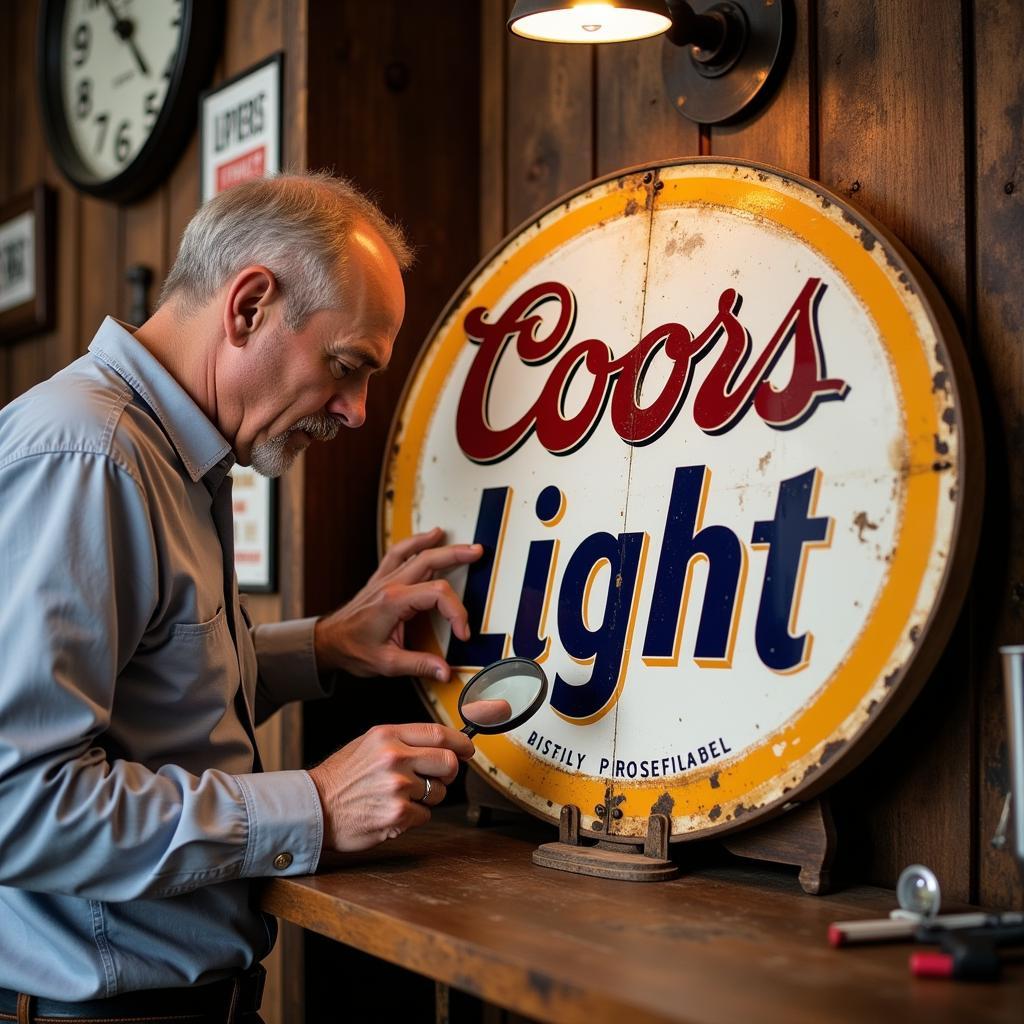 Expert Examining an Old Coors Light Sign for Authenticity