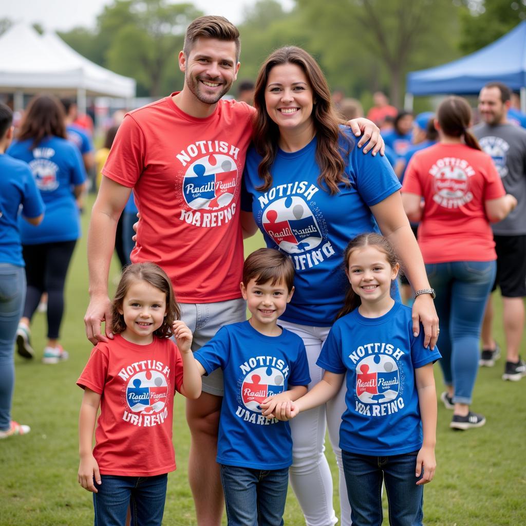 A family wearing matching autism awareness jerseys at an awareness event