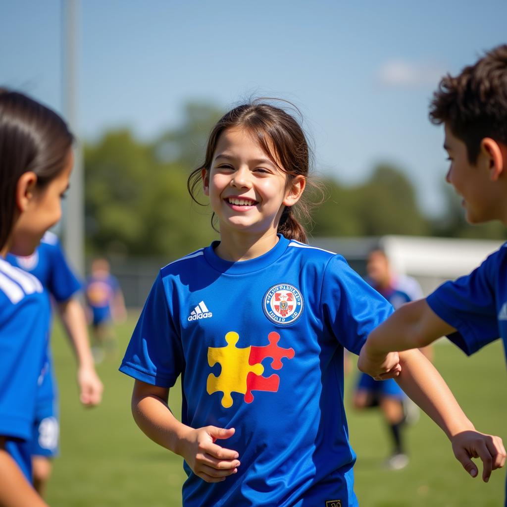 A young soccer player wearing an autism awareness jersey on the field, interacting with teammates