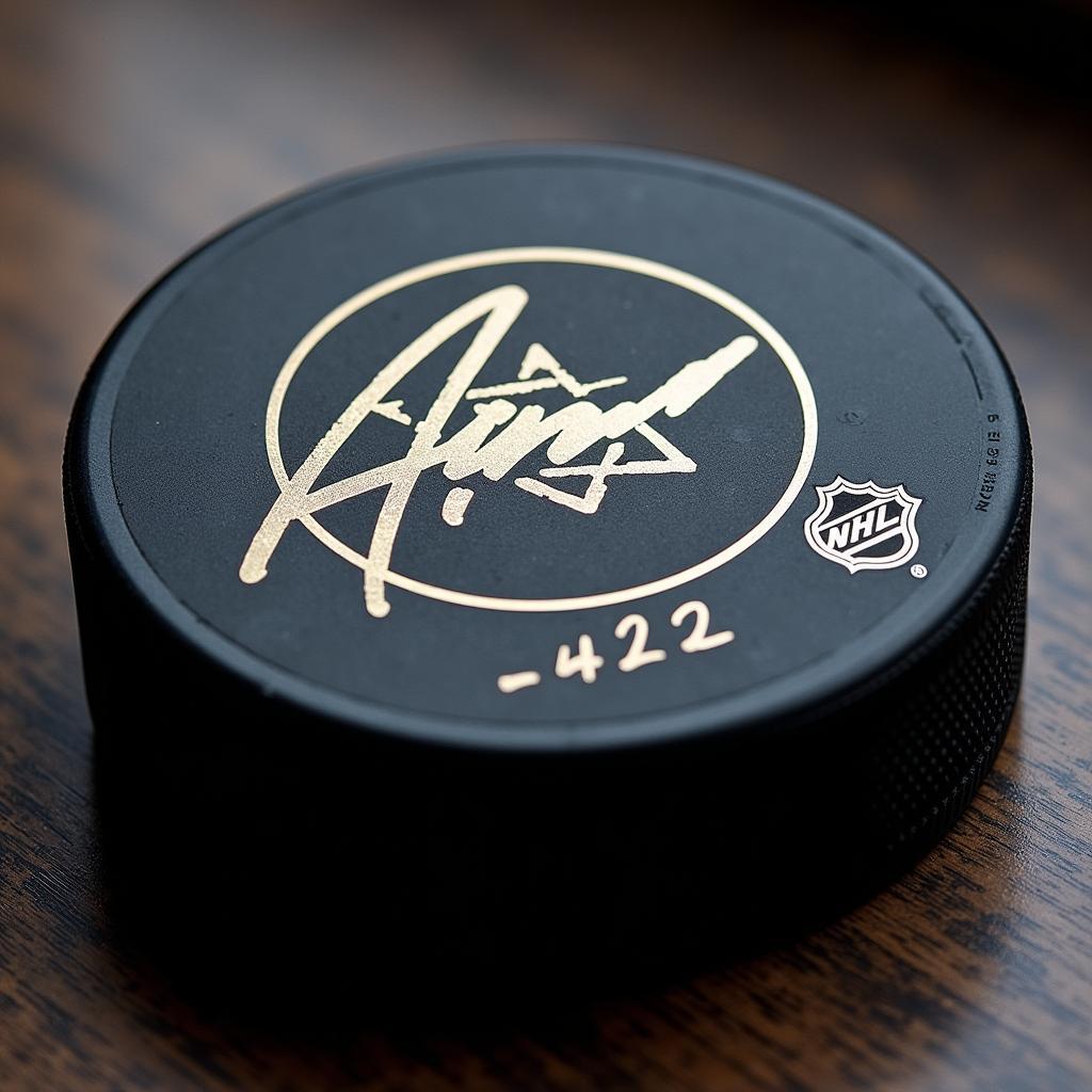 Close-up view of an autographed hockey puck, showing the signature and the texture of the puck.