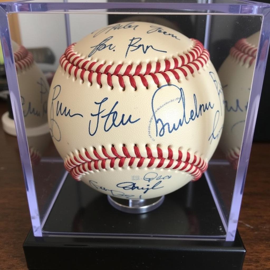 Autographed team baseball displayed in a protective case