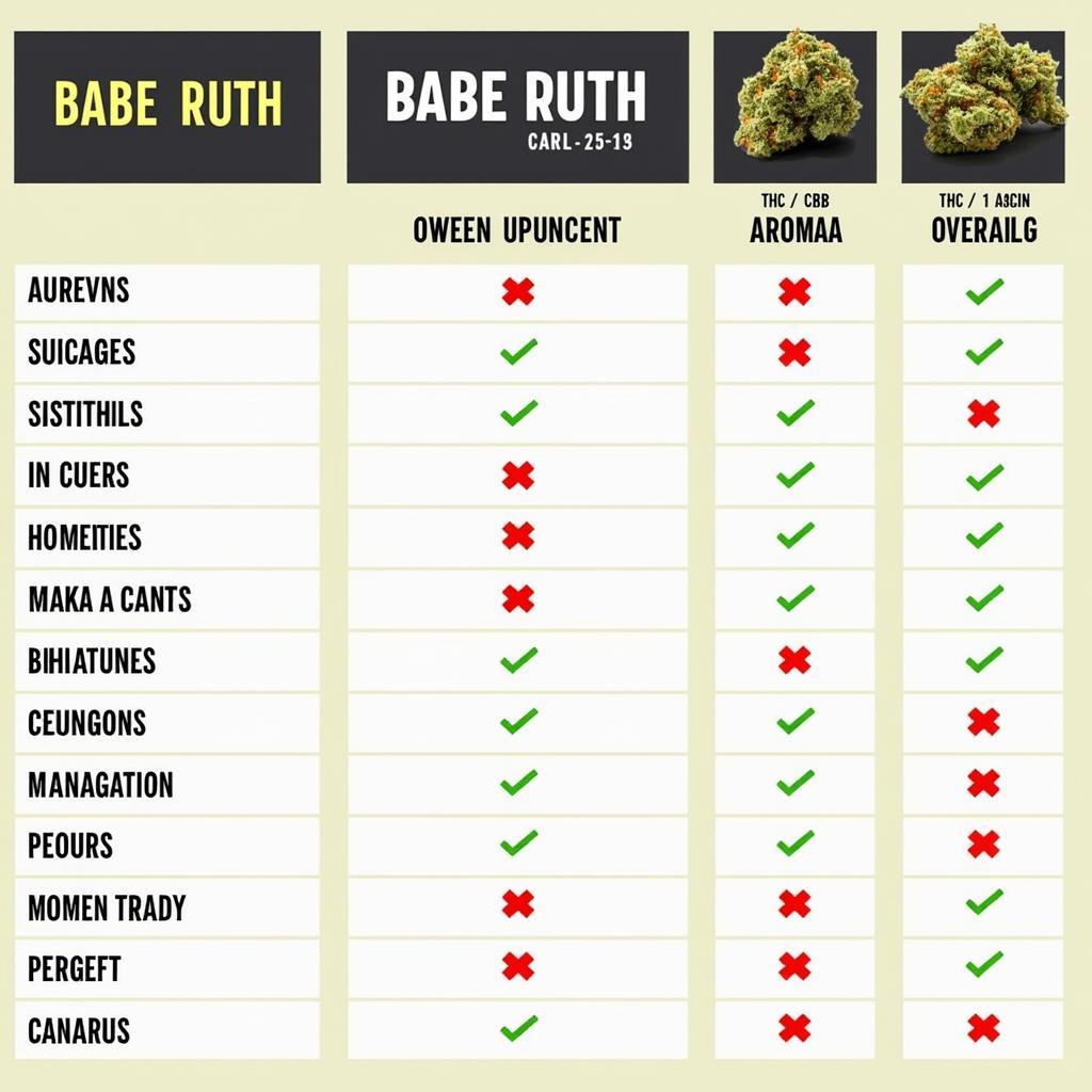 Comparison table of Babe Ruth strain with other similar strains