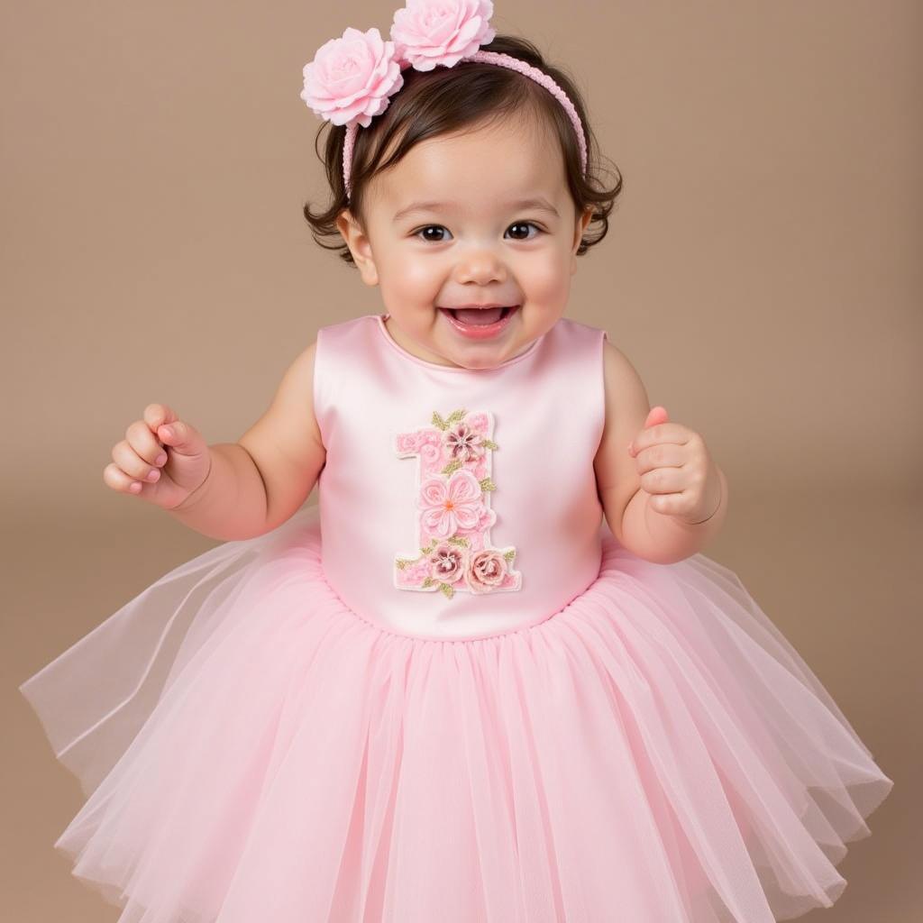 Baby girl wearing a pink 1st birthday dress with a tulle skirt and floral embellishments.