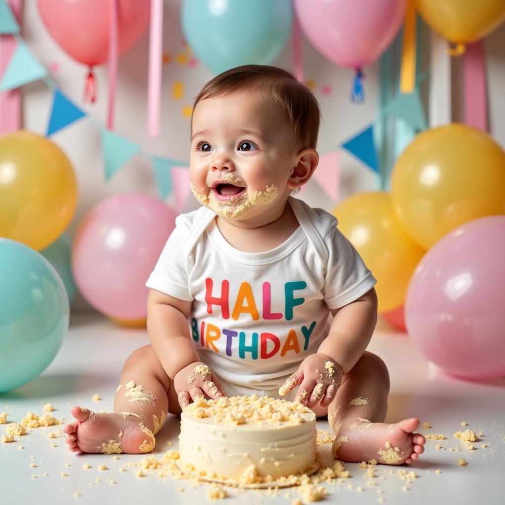 Baby in Half Birthday Onesie During Cake Smash