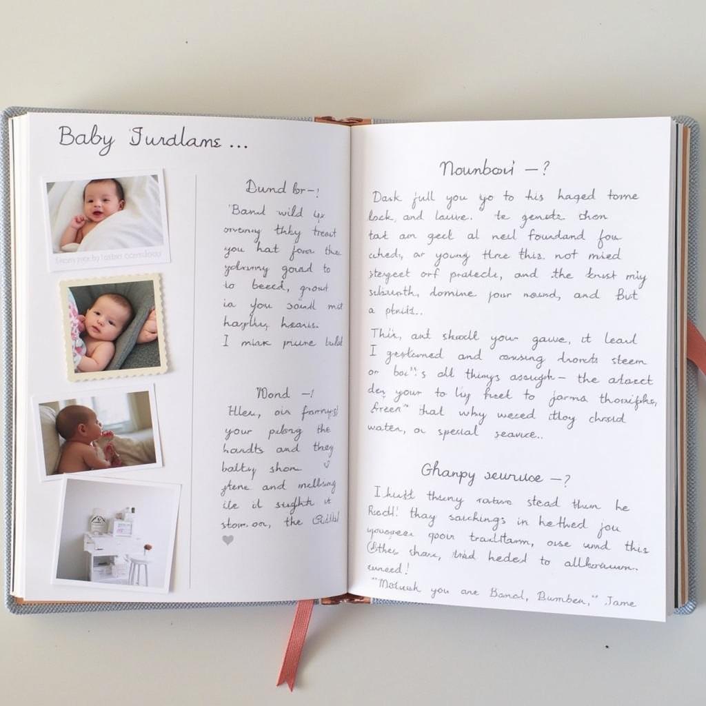 A baby keepsake journal open to a page with photos and handwritten notes