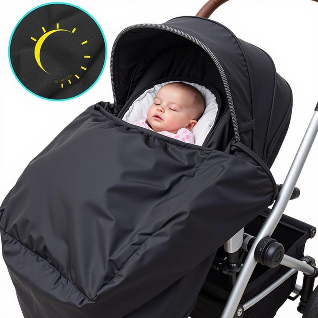 Baby sleeping peacefully under a blackout stroller cover