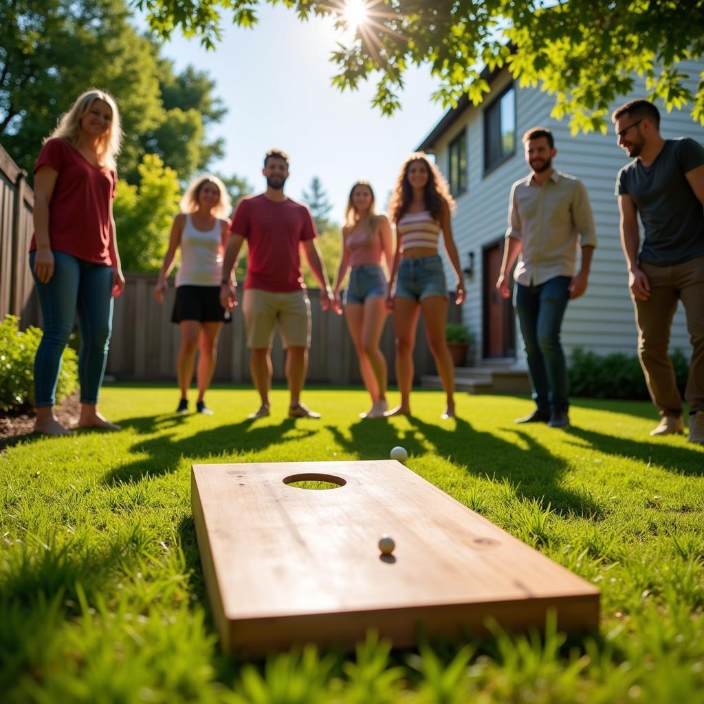 Friends Playing Cornhole in the Backyard