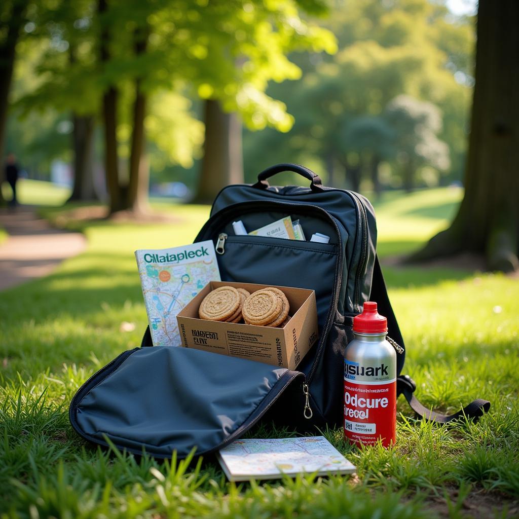 A backpack filled with park essentials, including cookies, water bottle, and a map.