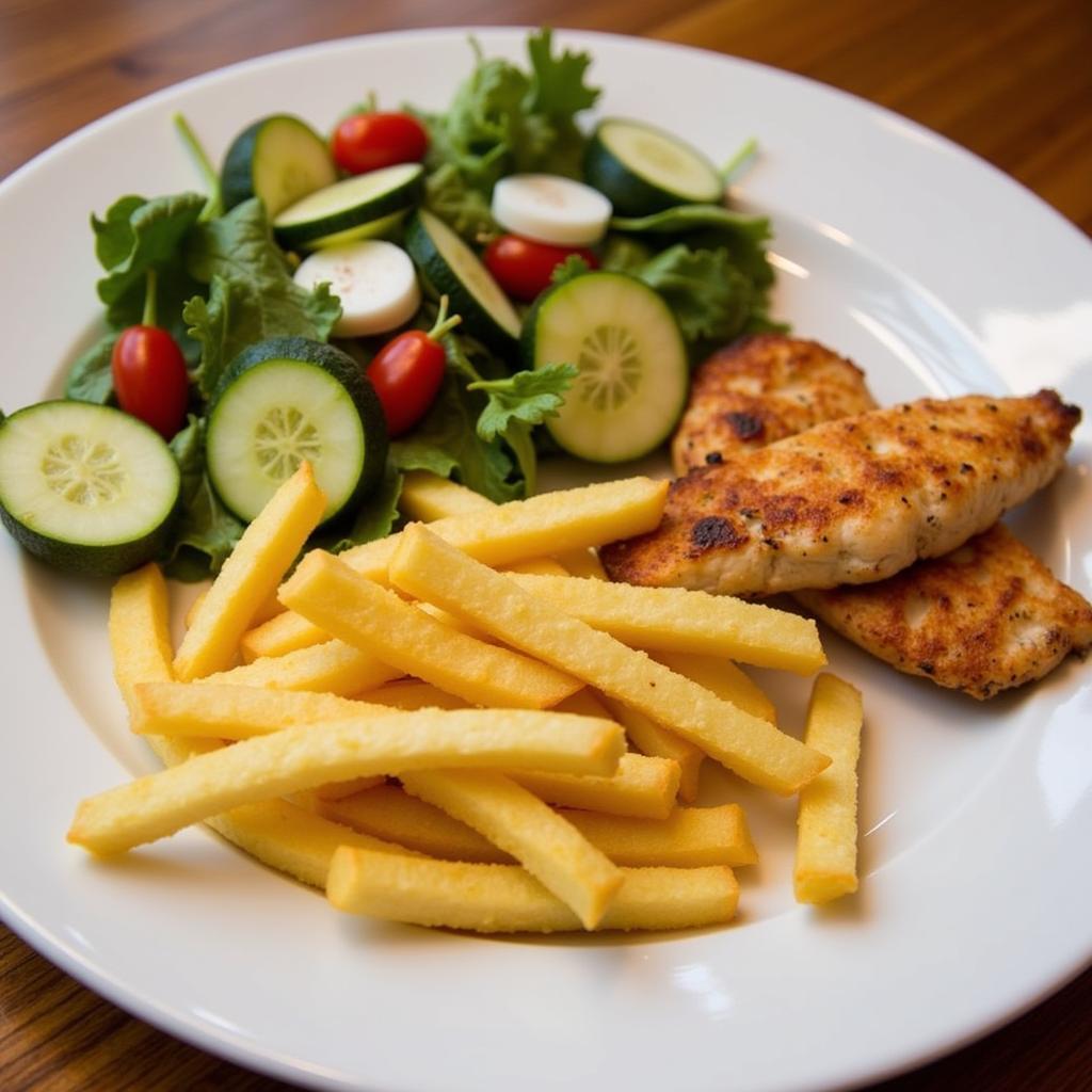 A balanced meal featuring a small portion of Big C fries alongside healthy options like salad and grilled chicken.