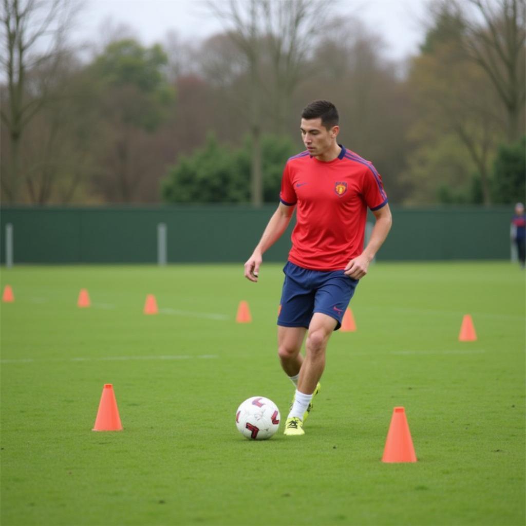 Footballer practicing ball control drills