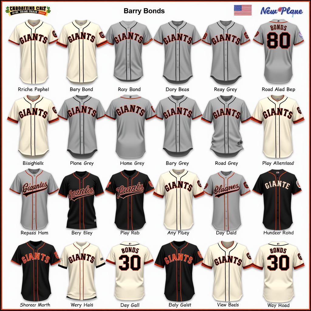 Different styles of Barry Bonds San Francisco Giants jerseys.