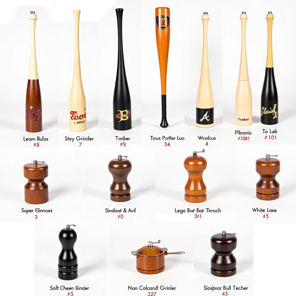 Various Baseball Bat Pepper Grinders Showcase Different Materials and Sizes