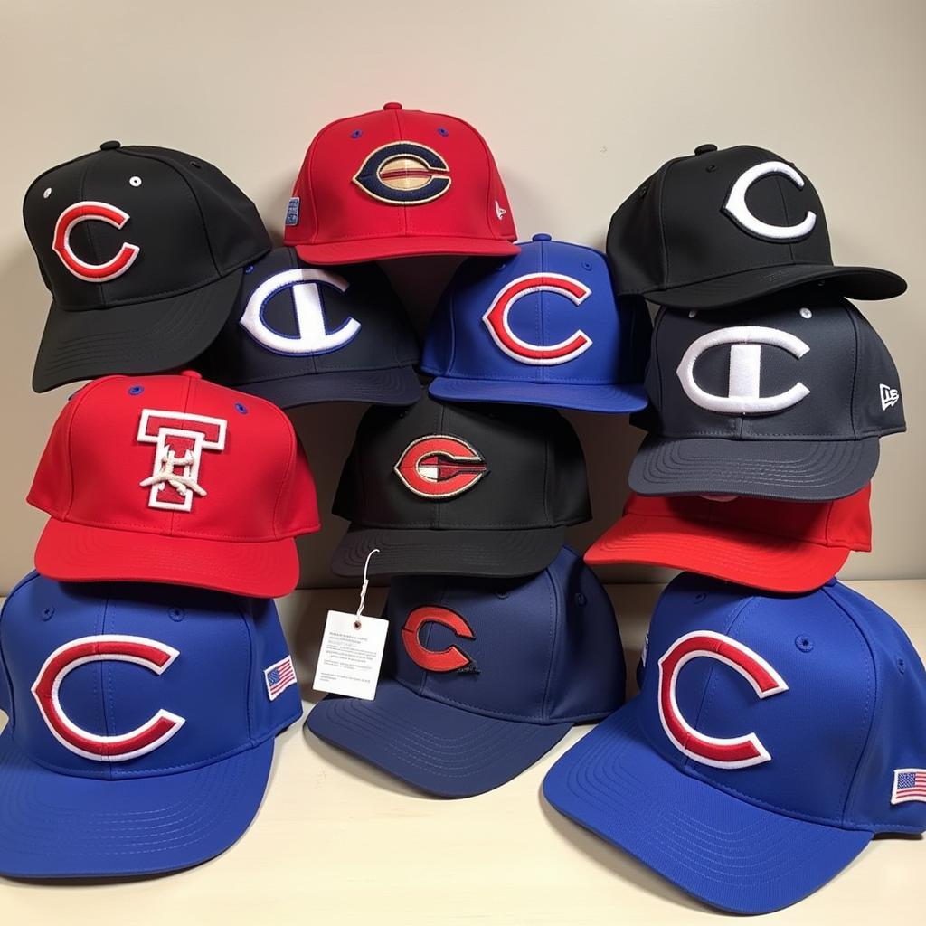 Different styles of baseball caps with the letter C